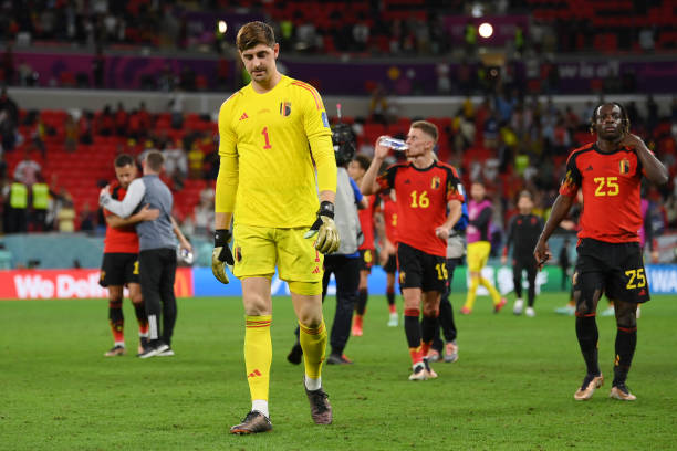 DOHA, QATAR - DECEMBER 01: Thibaut Courtois of Belgium looks dejected after their sides' elimination from the tournament during the FIFA World Cup Qatar 2022 Group F match between Croatia and Belgium at Ahmad Bin Ali Stadium on December 01, 2022 in Doha, Qatar. (Photo by Mike Hewitt - FIFA/FIFA via Getty Images)